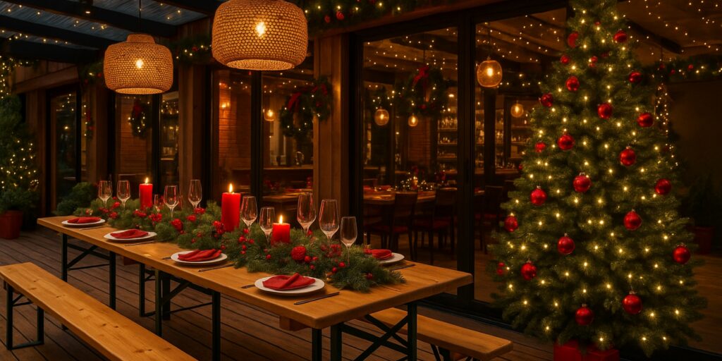 Bierzeltgarnitur kaufen – festlich dekorierte Biertischgarnitur klappbar in Restaurant zu Weihnachten