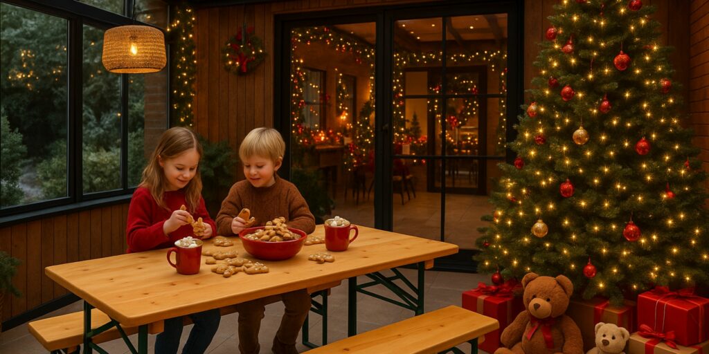 Biertisch Holz – gemütliche Festzeltgarnitur mit Kindern im Wintergarten zu Weihnachten