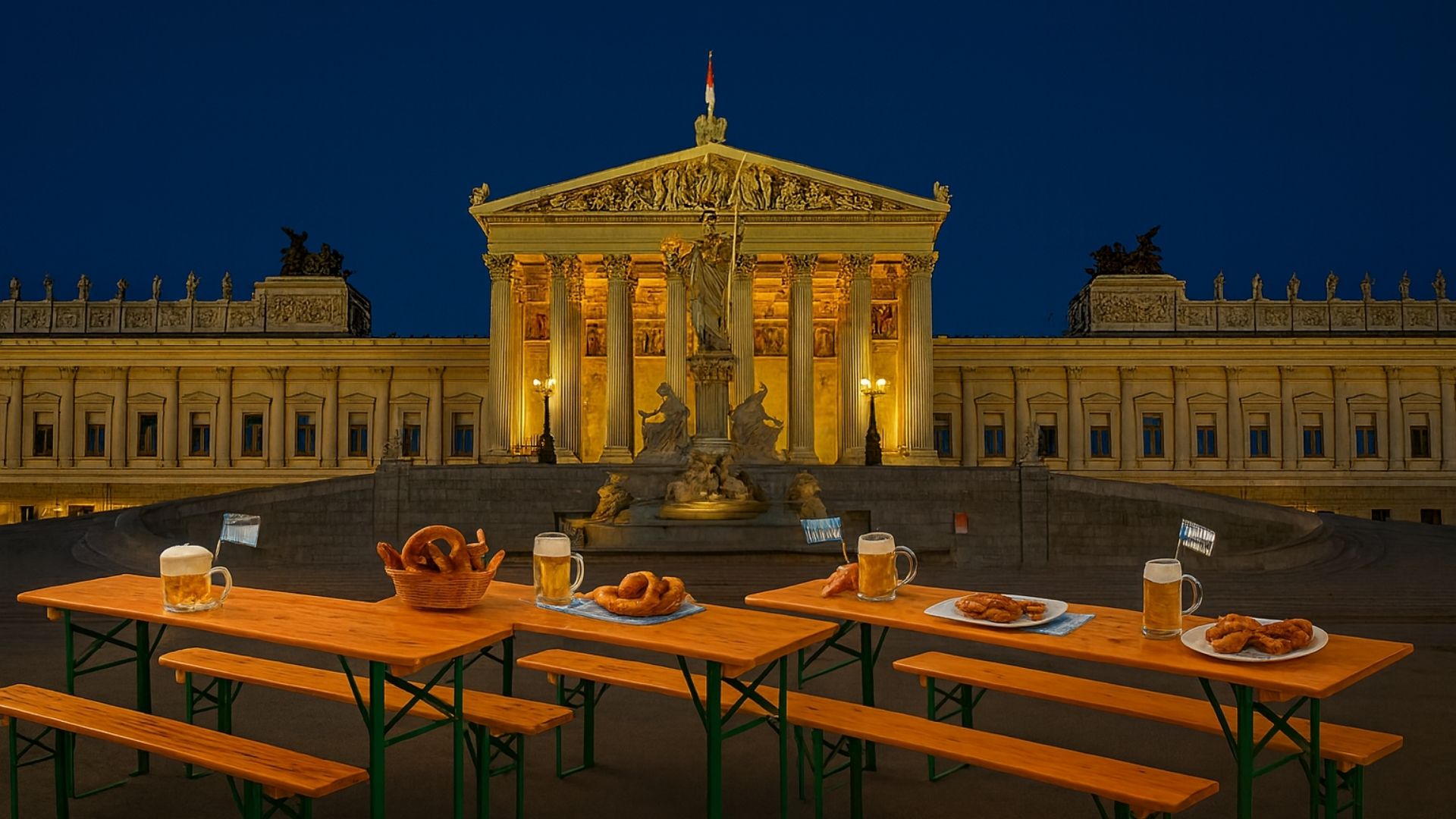Traditionelle Bierbänke, köstliche Schmankerl und festliche Stimmung direkt vor dem Wiener Parlament.