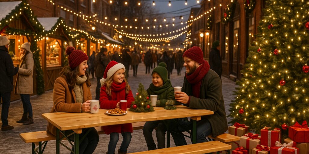 Biertischgarnitur klappbar – Festzeltgarnitur auf Weihnachtsmarkt mit Besuchern und Dekoration