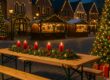 Bierzeltgarnitur kaufen – festlich dekorierte Festzeltgarnitur auf Weihnachtsmarkt im Freien mit Weihnachtsbaum und Geschenken
