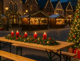 Bierzeltgarnitur kaufen – festlich dekorierte Festzeltgarnitur auf Weihnachtsmarkt im Freien mit Weihnachtsbaum und Geschenken