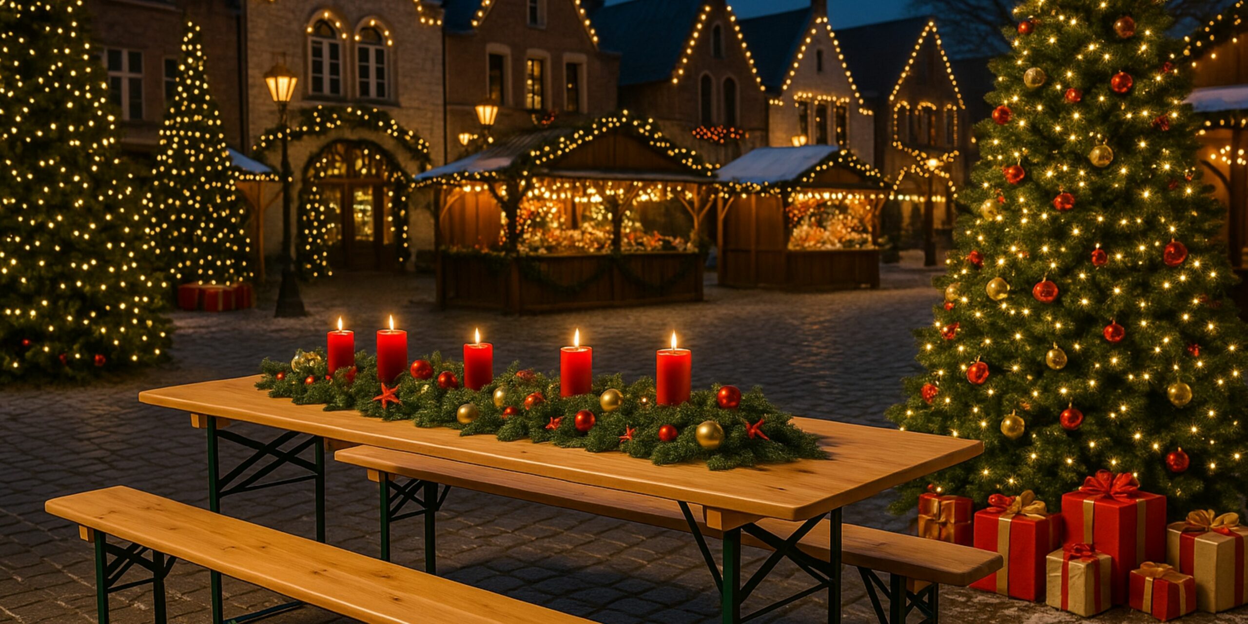 Bierzeltgarnitur kaufen – festlich dekorierte Festzeltgarnitur auf Weihnachtsmarkt im Freien mit Weihnachtsbaum und Geschenken