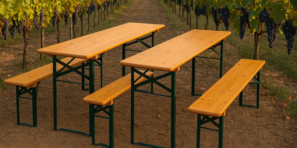 Traditionelle Bierzeltgarnitur aus Holz und Stahl im Weinberg – Klapptisch mit zwei Bänken