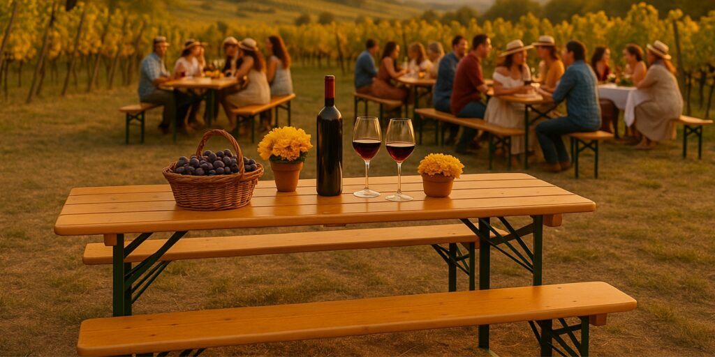 Kreativ gestaltete Bierzeltgarnituren für ein Weinlesefest – elegante Holztische mit geschwungenen Beinen, Hussen in Bordeaux und Creme, dekoriert mit Weintrauben, Kerzen und herbstlichen Blumen im Weinberg bei Sonnenuntergang