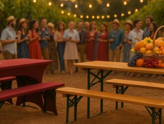 Bierzeltgarnitur aus Holz und Stahl mit herbstlicher Dekoration beim Weinlesefest