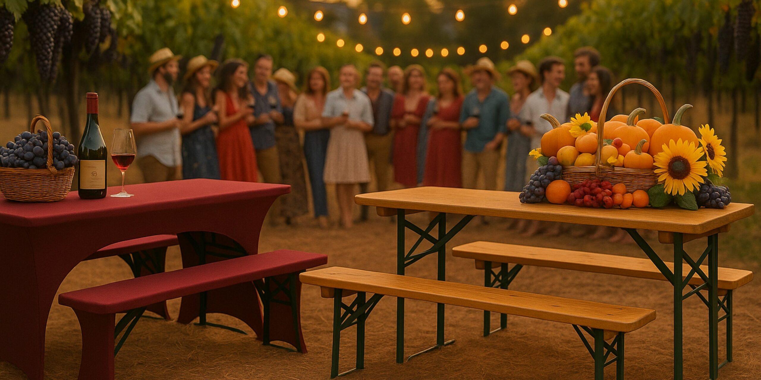 Bierzeltgarnitur aus Holz und Stahl mit herbstlicher Dekoration beim Weinlesefest