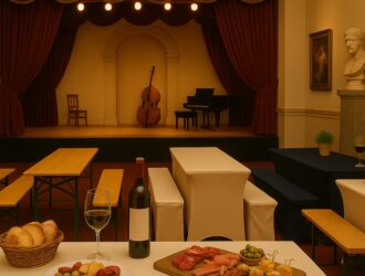 Bierzeltgarnituren mit Hussen im Theater- und Kunstatmosphäre mit Bühne, Instrumenten und Kunstwerken.