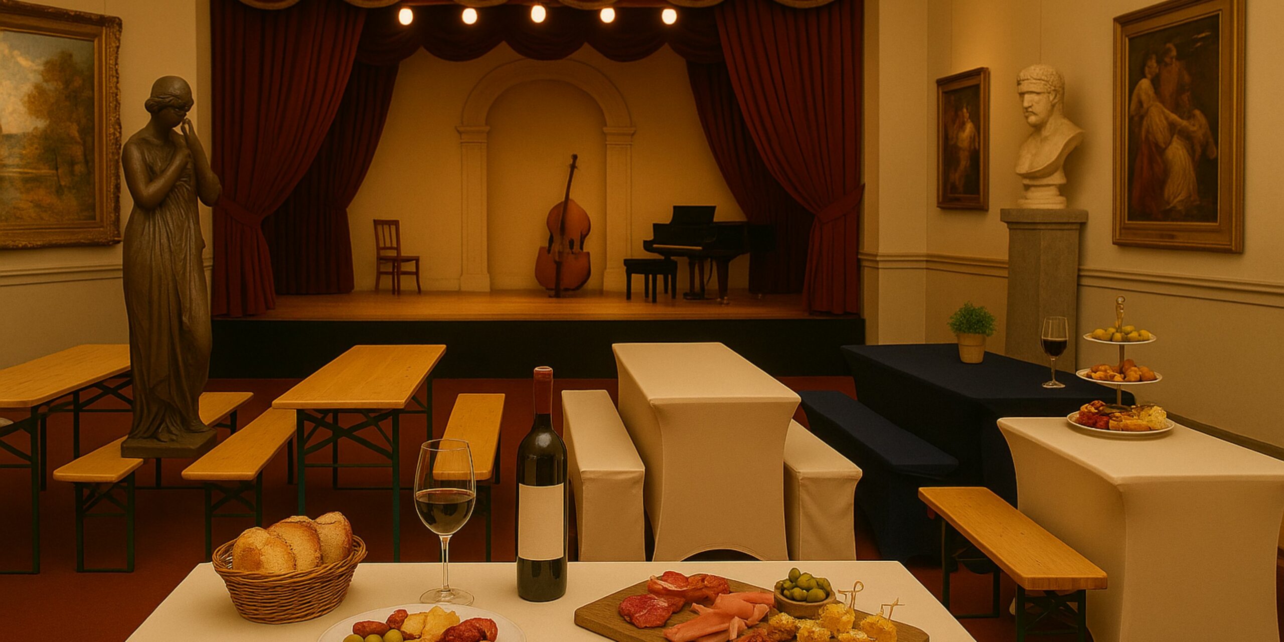 Bierzeltgarnituren mit Hussen im Theater- und Kunstatmosphäre mit Bühne, Instrumenten und Kunstwerken.