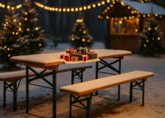 Ein verschneiter Holztisch mit Bierzeltgarnitur auf einem festlich beleuchteten Weihnachtsmarkt, dekoriert mit kleinen Geschenkpaketen.