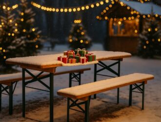 Ein verschneiter Holztisch mit Bierzeltgarnitur auf einem festlich beleuchteten Weihnachtsmarkt, dekoriert mit kleinen Geschenkpaketen.