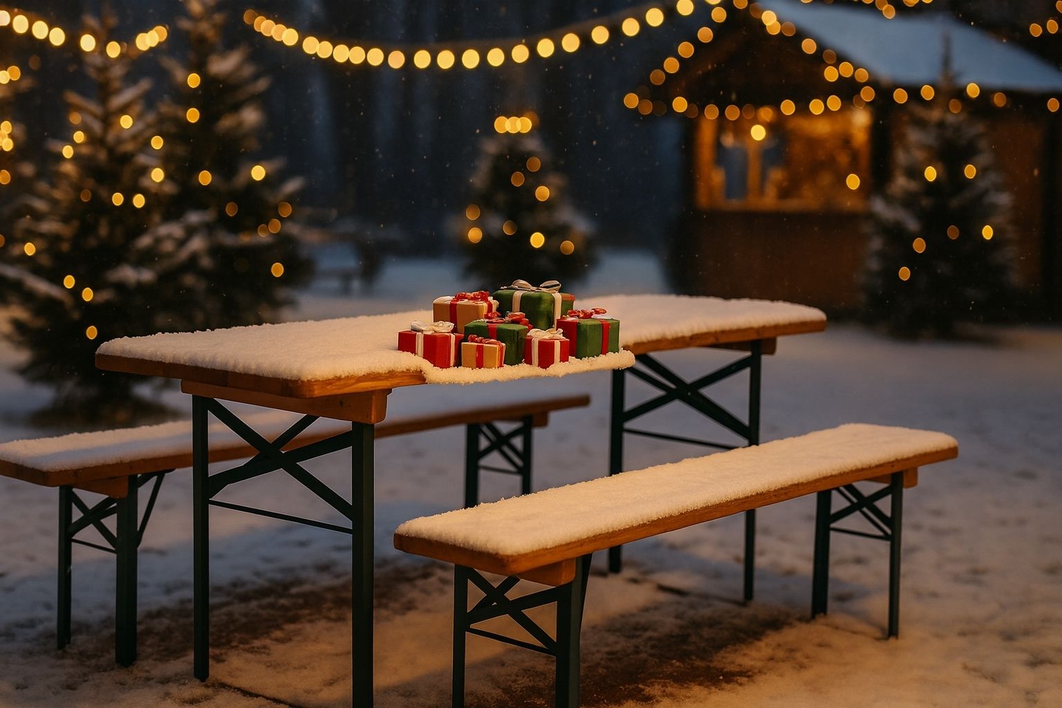 Ein verschneiter Holztisch mit Bierzeltgarnitur auf einem festlich beleuchteten Weihnachtsmarkt, dekoriert mit kleinen Geschenkpaketen.