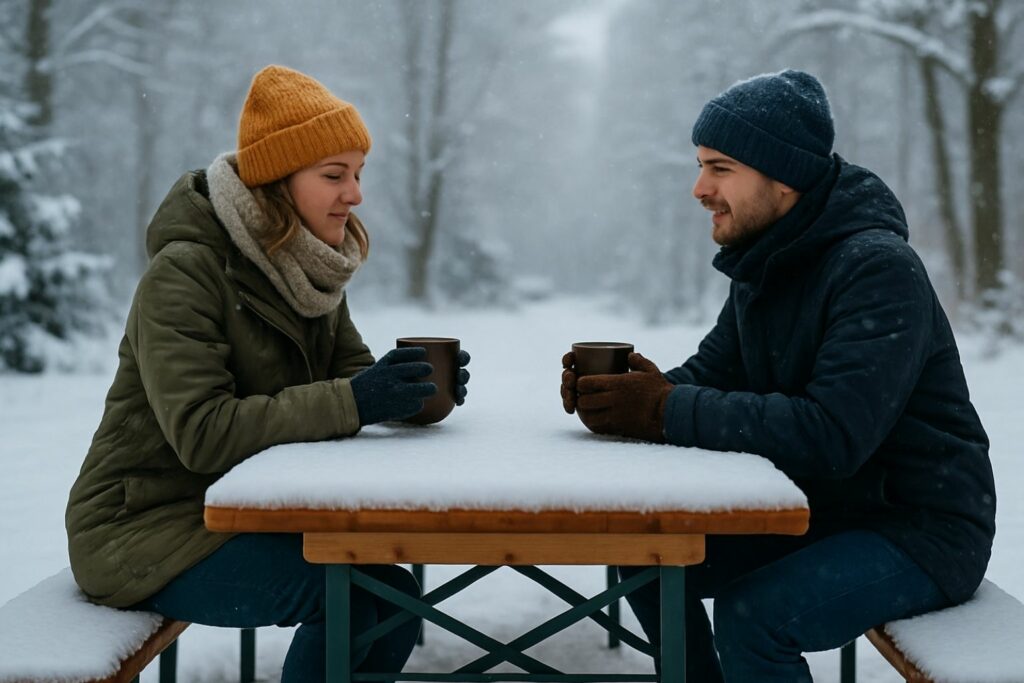 Zwei Personen sitzen sich an einem schneebedeckten Tisch auf einem Weihnachtsmarkt gegenüber und genießen heißen Glühwein.