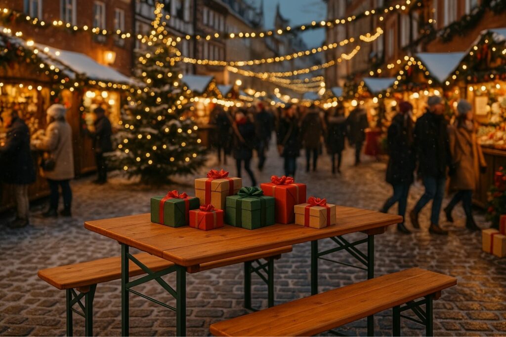 Ein festlich geschmückter Weihnachtsmarkt in einer Altstadtstraße mit Lichterketten, Menschen und Holztischen voller Geschenke.