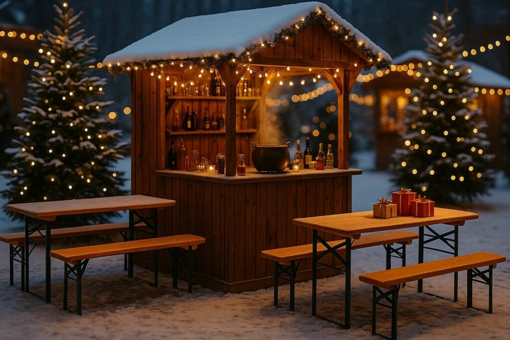 Ein festlich geschmückter Weihnachtsmarkt mit Holztischen, Lichterketten und Menschen, die Glühwein trinken und das winterliche Ambiente genießen.