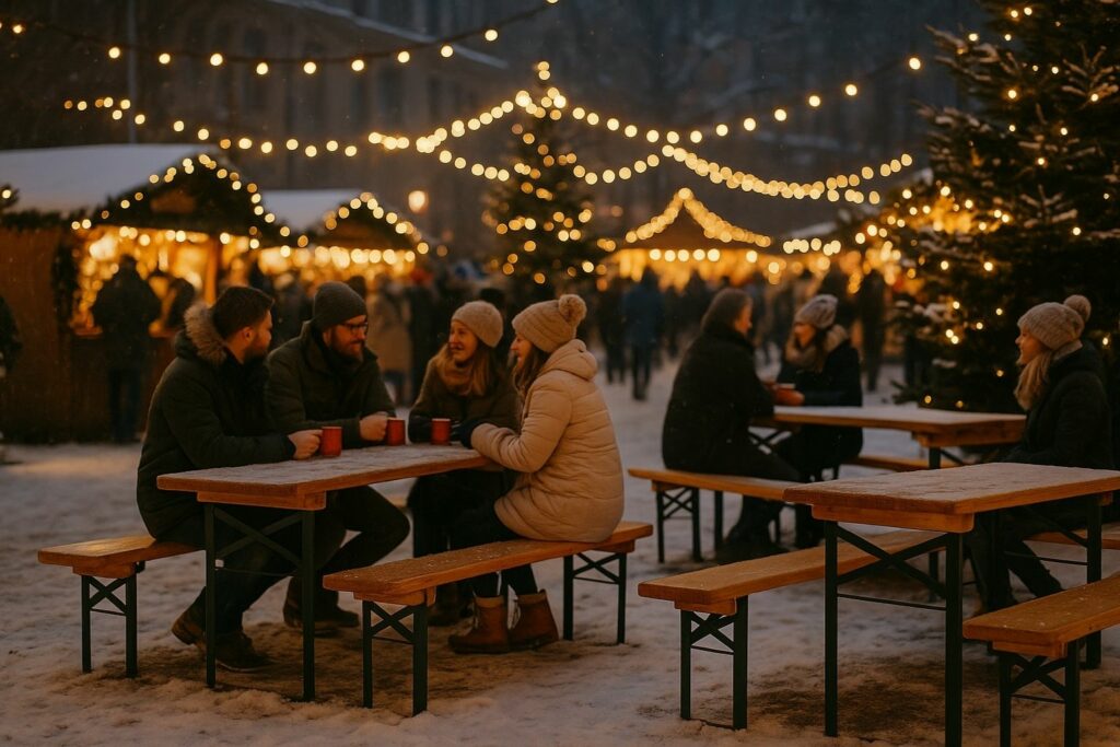 Menschen sitzen an einer Bierzeltgarnitur auf einem festlich beleuchteten Weihnachtsmarkt, trinken Glühwein und genießen die warme Atmosphäre.