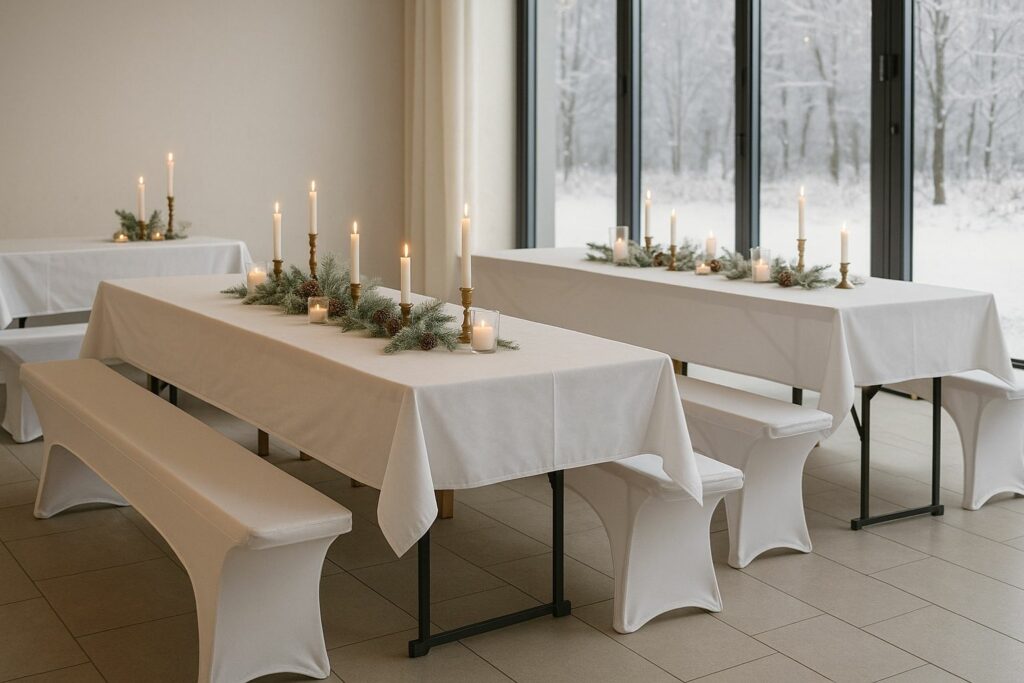 Ein geräumiger Hotelsaal im Winter, bestuhlt mit Bierzeltgarnituren Hotel Winterevents, festlich gedeckt und für eine Weihnachts- oder Silvesterfeier vorbereitet.