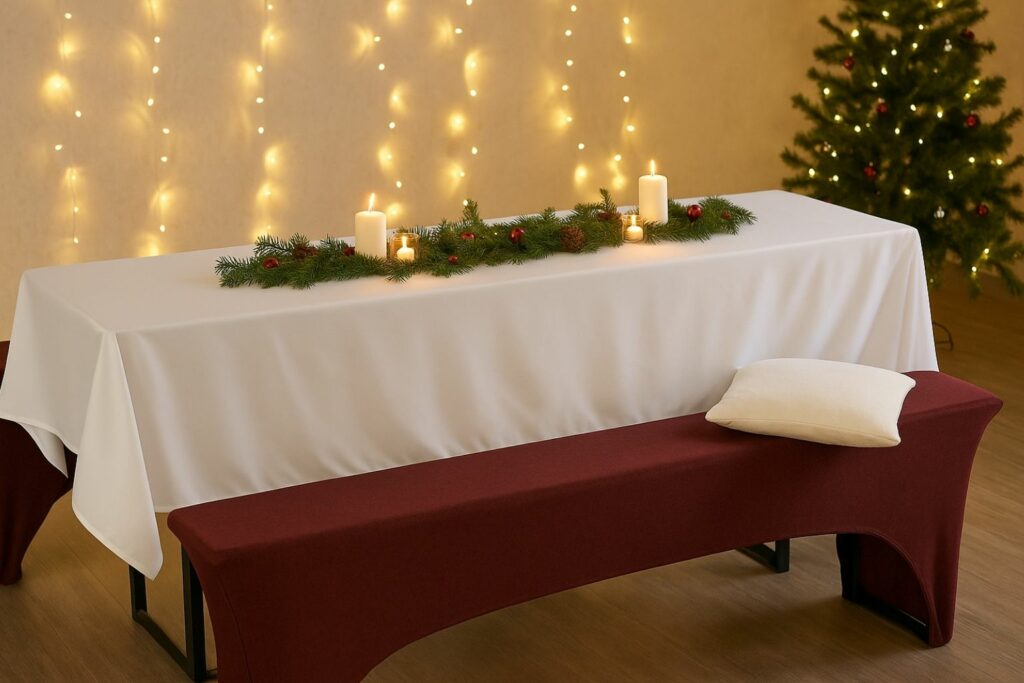 Winterliche Dekoration mit Bierzeltgarnituren Hotel Winterevents – weiße Hussen, rote und bordeauxfarbene Akzente, Kerzen, LED-Lichterketten und Tannenzweige im festlich geschmückten Hotelsaal.