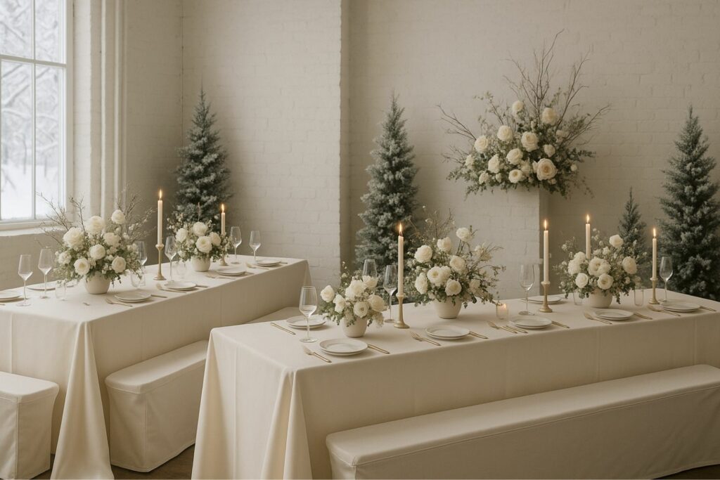Winterhochzeit mit eleganten bierzeltgarnituren-hussen in Ecru und Creme.