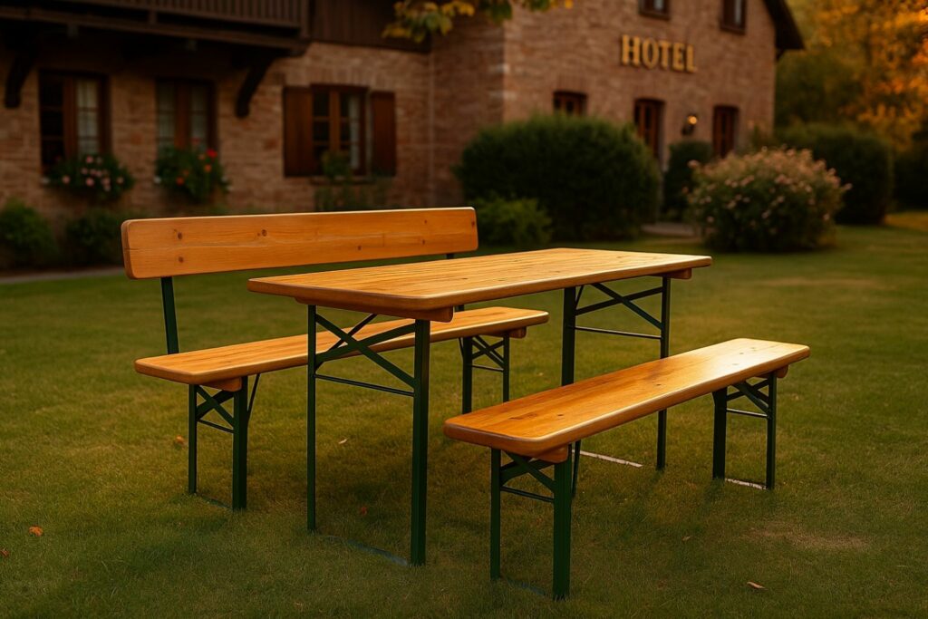Bierzeltgarnitur mit Lehne im Hotelgarten bei Abendlicht