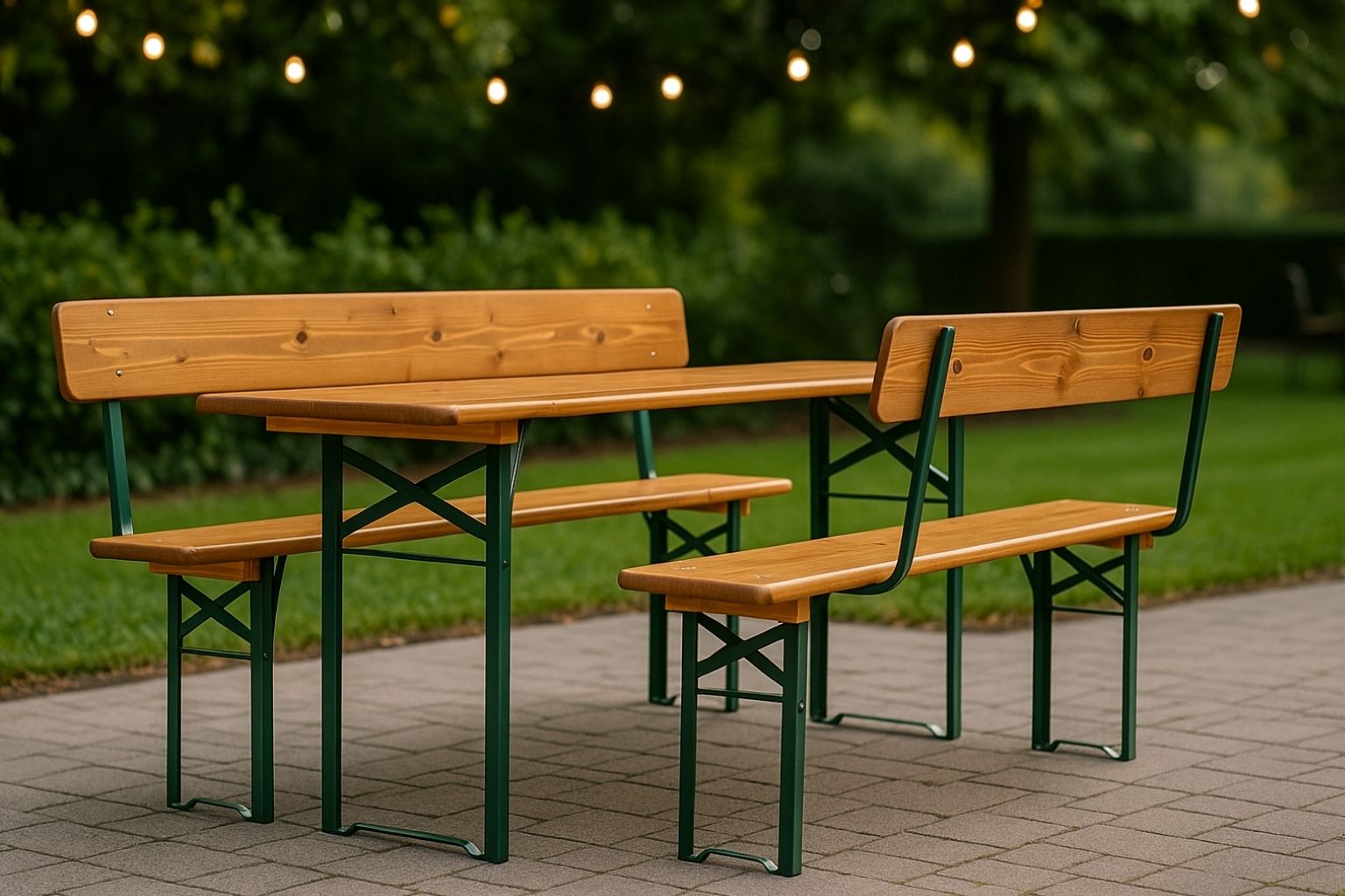Bierzeltgarnitur mit Lehne im Hotelgarten – rustikal und komfortabel